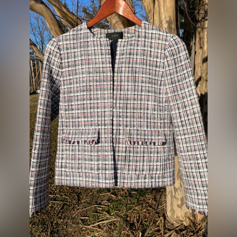 J. Crew Women's Cotton Tweed Blazer - Blue, White, Red Preppy Americana Academic